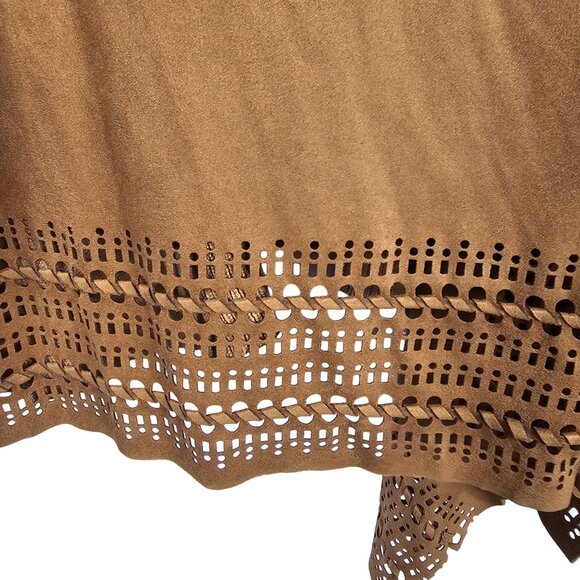 Womens 3X Open Front Brown Cardigan Faux Suede Laser-Cut Hem Stretch Long Sleeve - Picture 11 of 12